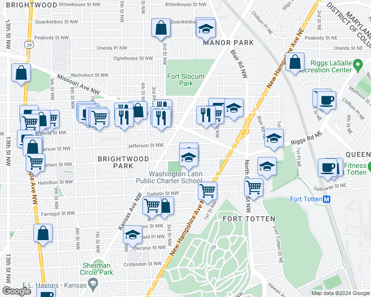 map of restaurants, bars, coffee shops, grocery stores, and more near 214 Jefferson Street Northwest in Washington
