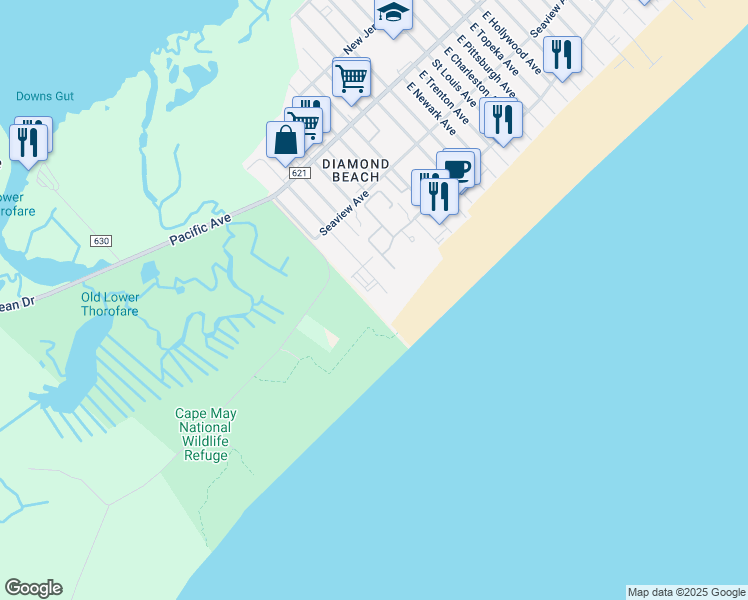 map of restaurants, bars, coffee shops, grocery stores, and more near 500 East Raleigh Avenue in Wildwood Crest