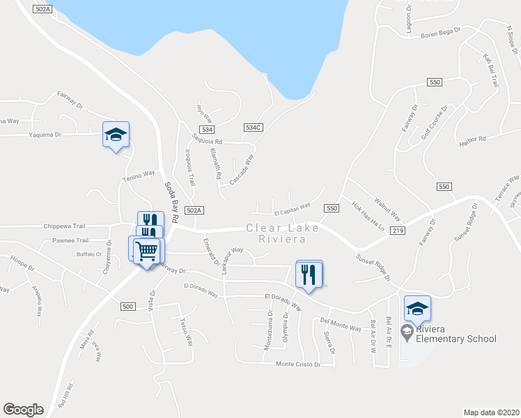 map of restaurants, bars, coffee shops, grocery stores, and more near 10018 El Capitan Way in Kelseyville