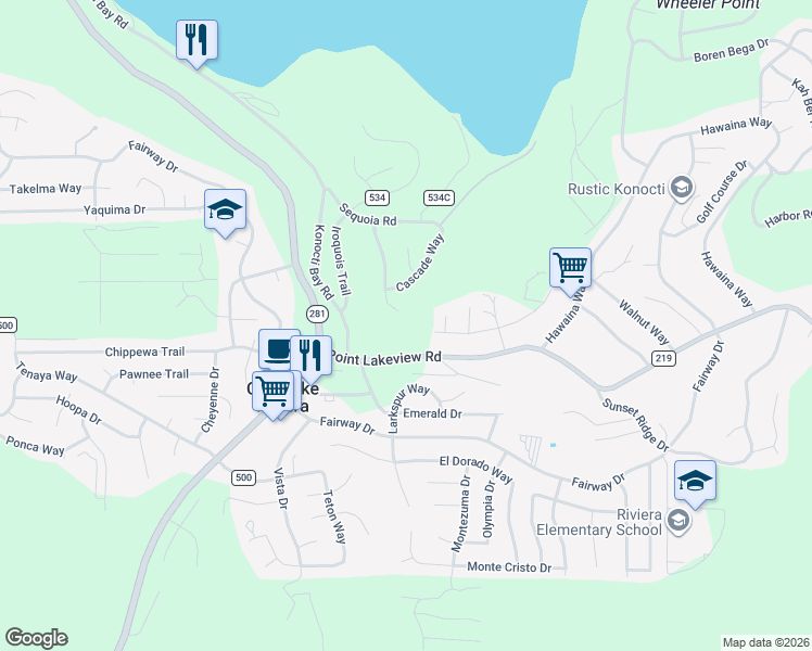 map of restaurants, bars, coffee shops, grocery stores, and more near 4995 Klamath Road in Kelseyville