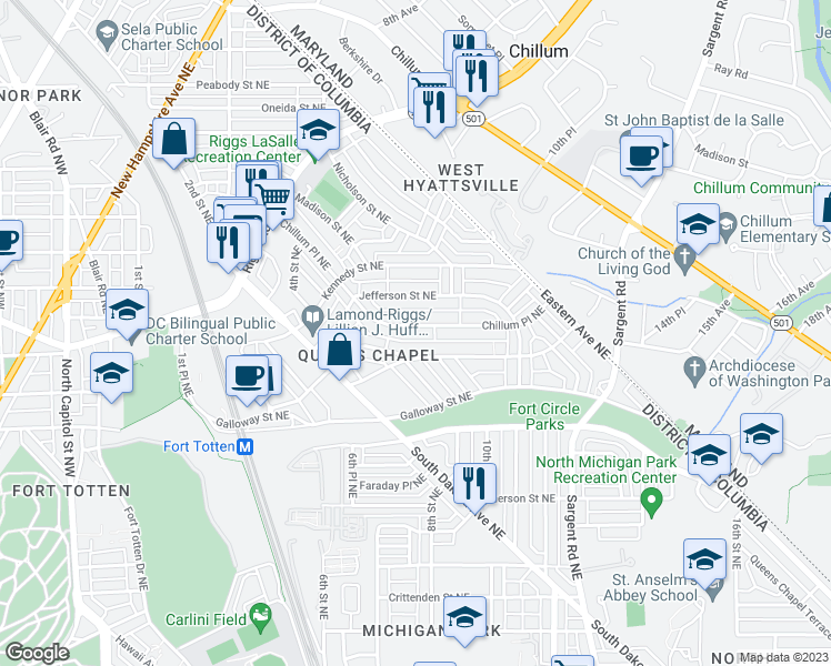 map of restaurants, bars, coffee shops, grocery stores, and more near 5330 Chillum Place Northeast in Washington