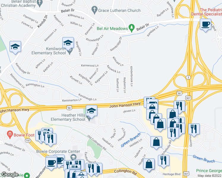 map of restaurants, bars, coffee shops, grocery stores, and more near 12709 Kavanaugh Lane in Bowie