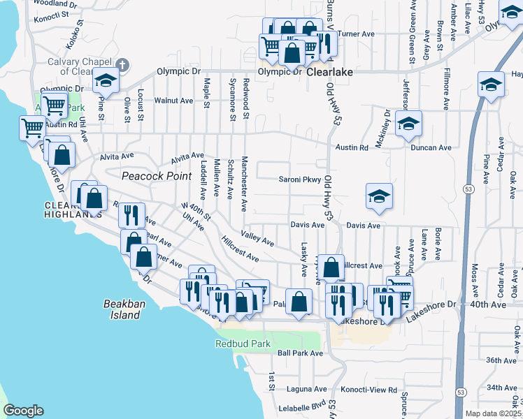 map of restaurants, bars, coffee shops, grocery stores, and more near 14800 Laguna Vista Way in Clearlake
