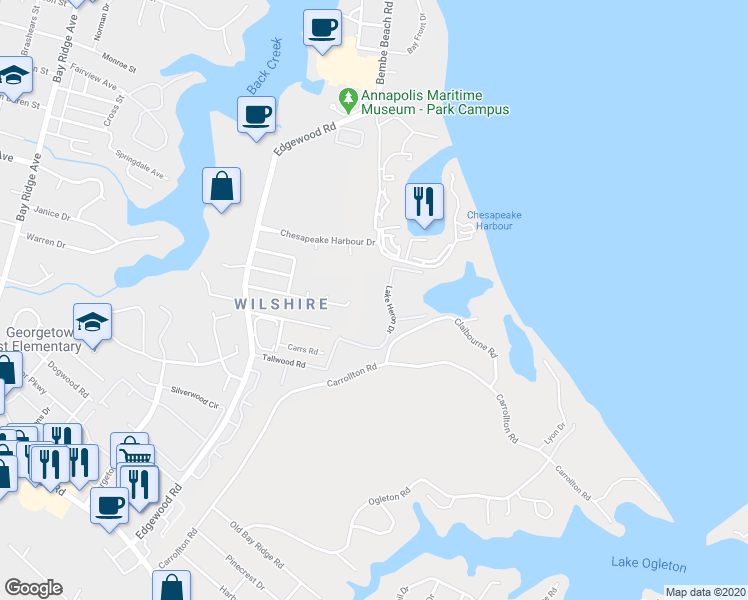 map of restaurants, bars, coffee shops, grocery stores, and more near 1115 Lake Heron Drive in Annapolis