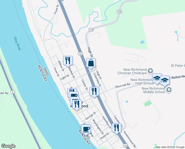 map of restaurants, bars, coffee shops, grocery stores, and more near 520 Sycamore St in New Richmond