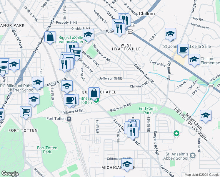 map of restaurants, bars, coffee shops, grocery stores, and more near 5346 Chillum Place Northeast in Washington
