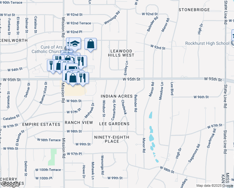 map of restaurants, bars, coffee shops, grocery stores, and more near 9535 Canterbury Street in Leawood