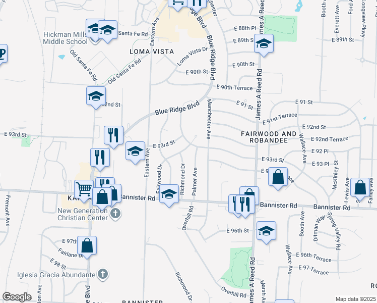 map of restaurants, bars, coffee shops, grocery stores, and more near 9307 Fairwood Drive in Kansas City