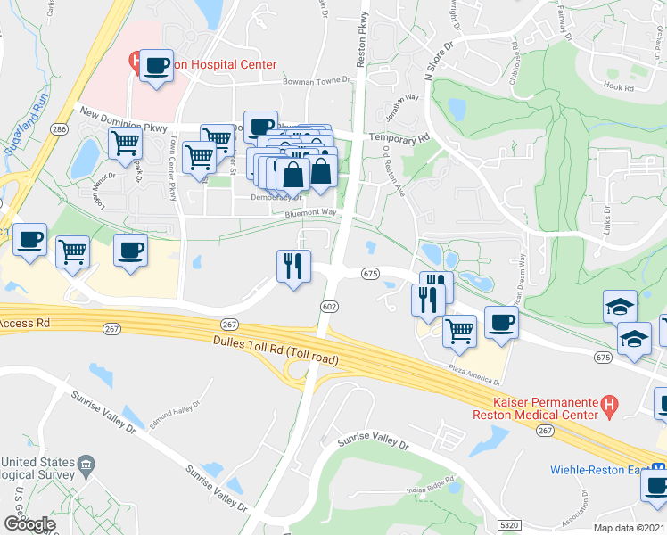 map of restaurants, bars, coffee shops, grocery stores, and more near Reston Pkwy & Sunset Hills Rd in Reston