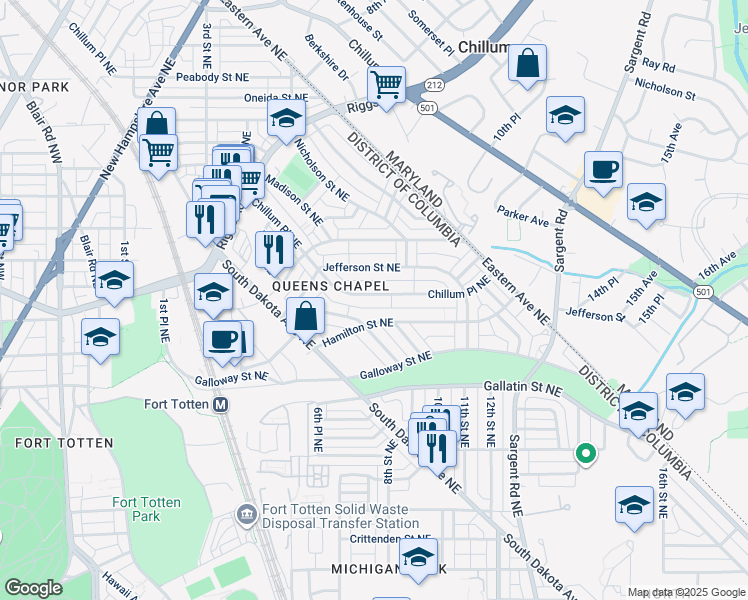 map of restaurants, bars, coffee shops, grocery stores, and more near 5330 Chillum Place Northeast in Washington