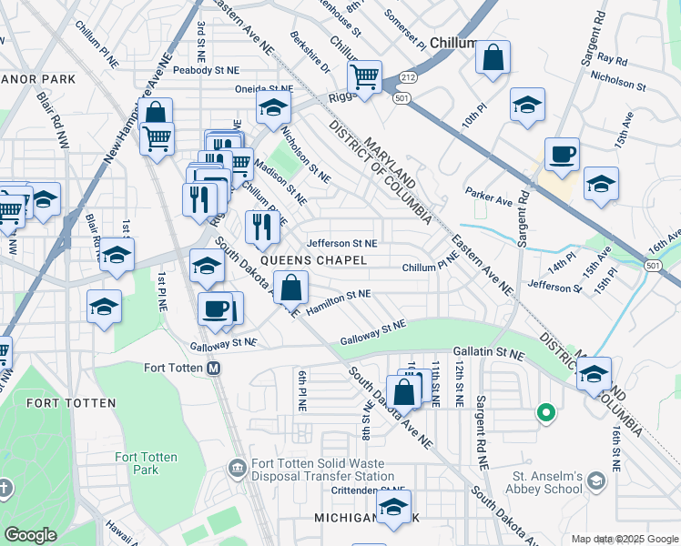 map of restaurants, bars, coffee shops, grocery stores, and more near 5346 Chillum Place Northeast in Washington