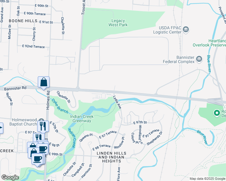 map of restaurants, bars, coffee shops, grocery stores, and more near 1500 Bannister Road in Kansas City
