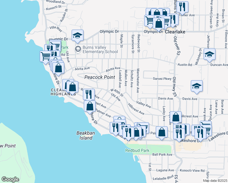 map of restaurants, bars, coffee shops, grocery stores, and more near 4585 West 40th Street in Clearlake