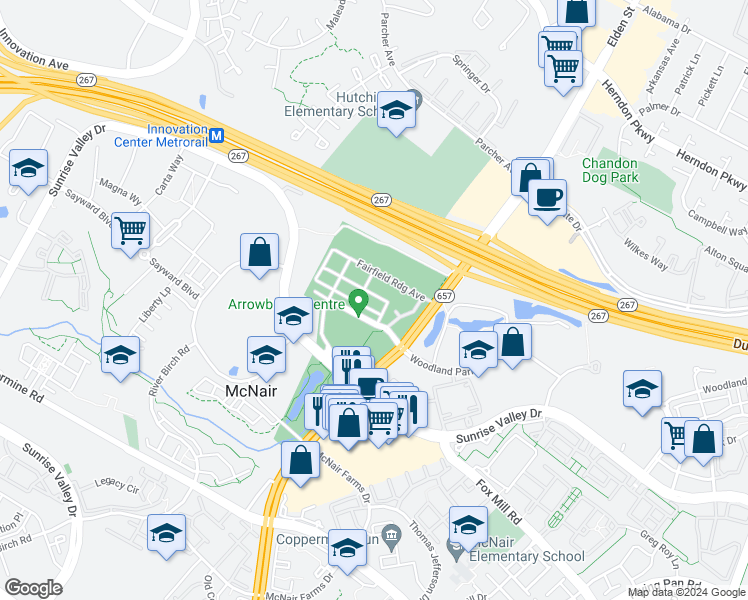 map of restaurants, bars, coffee shops, grocery stores, and more near 13335 Launders Street in Herndon