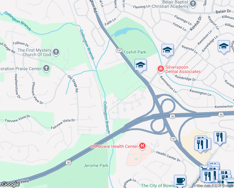 map of restaurants, bars, coffee shops, grocery stores, and more near 14630 London Lane in Bowie