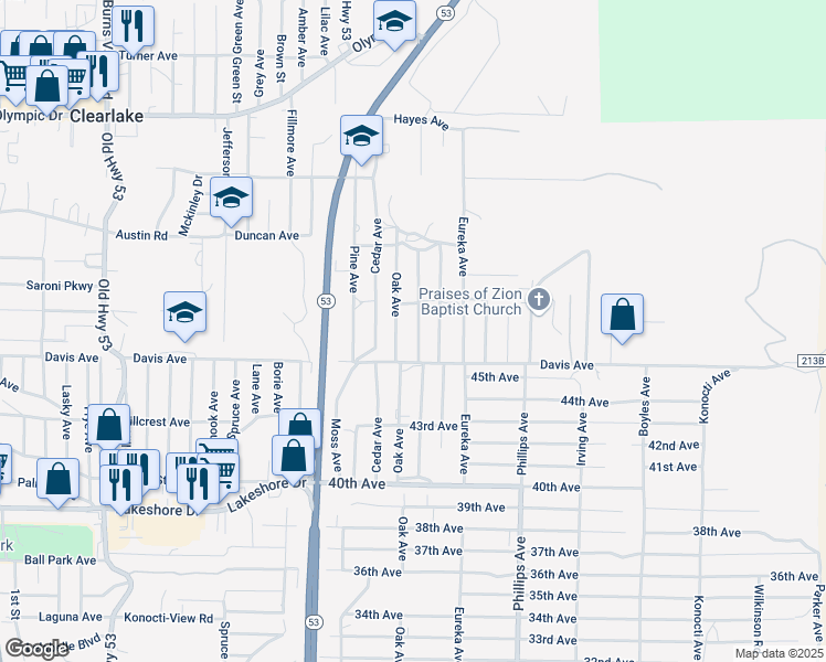 map of restaurants, bars, coffee shops, grocery stores, and more near 3929 Fir Avenue in Clearlake