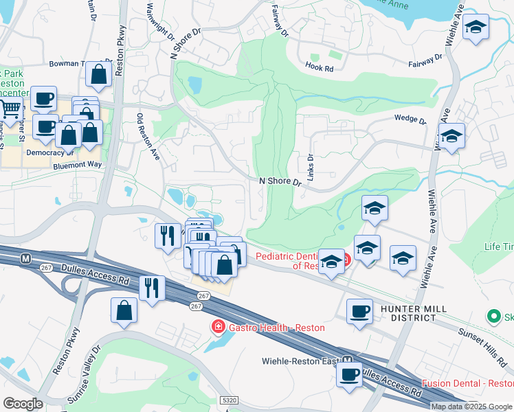 map of restaurants, bars, coffee shops, grocery stores, and more near 1838 Golf View Court in Reston