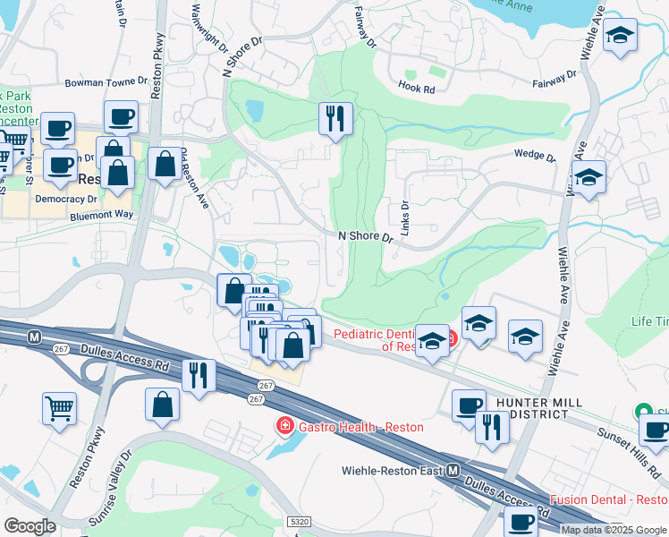 map of restaurants, bars, coffee shops, grocery stores, and more near 1838 Golf View Court in Reston