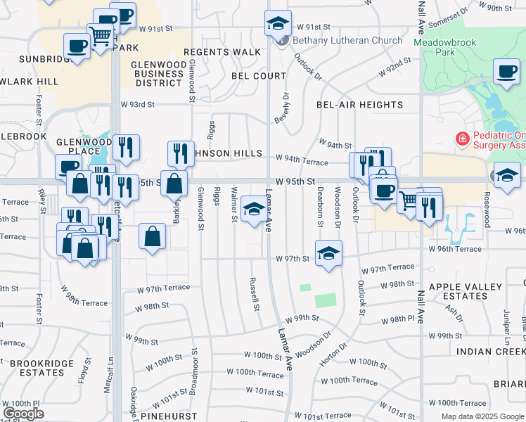 map of restaurants, bars, coffee shops, grocery stores, and more near 9530 Lamar Avenue in Overland Park