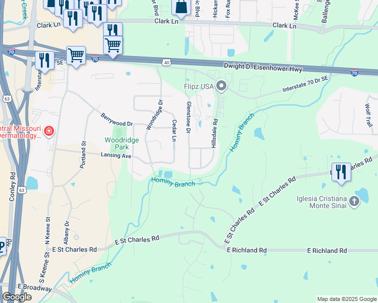 map of restaurants, bars, coffee shops, grocery stores, and more near 314 Glenstone Drive in Columbia