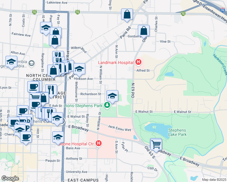 map of restaurants, bars, coffee shops, grocery stores, and more near 217 North Ann Street in Columbia