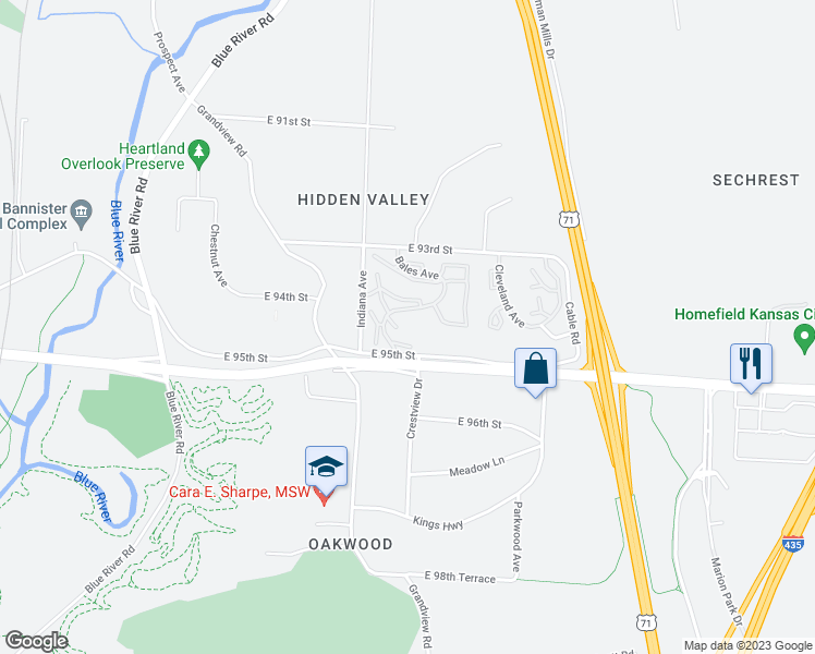 map of restaurants, bars, coffee shops, grocery stores, and more near 9479 Bales Avenue in Kansas City
