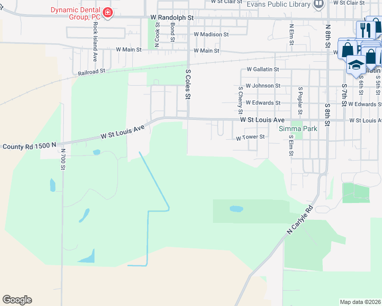 map of restaurants, bars, coffee shops, grocery stores, and more near 710 South Coles Street in Vandalia