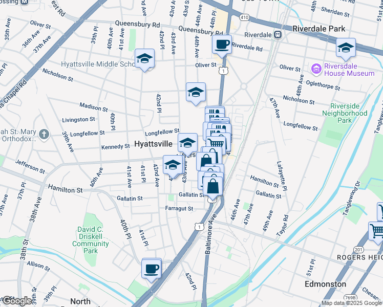 map of restaurants, bars, coffee shops, grocery stores, and more near 5500 43rd Place in Hyattsville