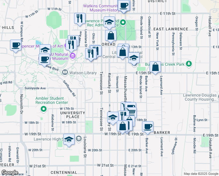 map of restaurants, bars, coffee shops, grocery stores, and more near Kentucky St & W 16th St in Lawrence