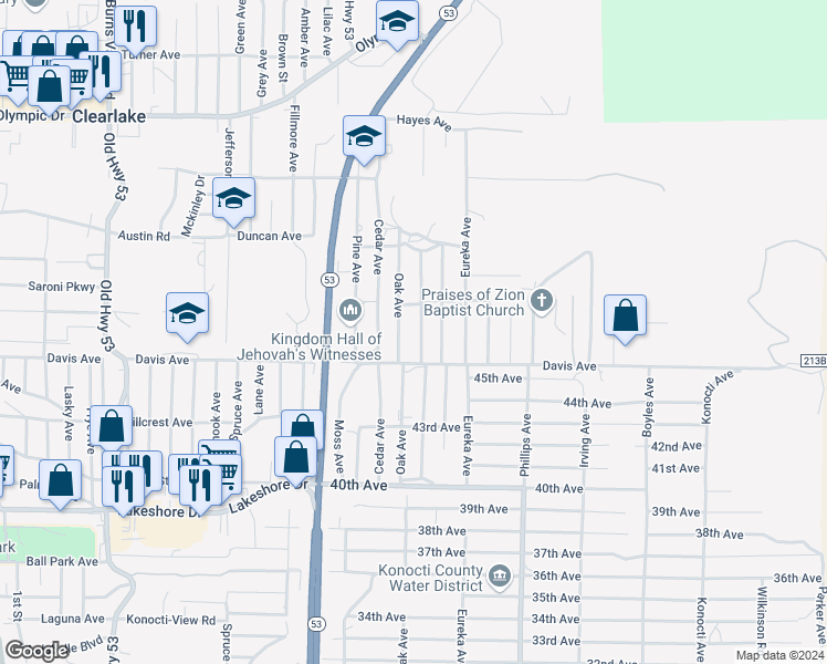 map of restaurants, bars, coffee shops, grocery stores, and more near 3929 Fir Avenue in Clearlake