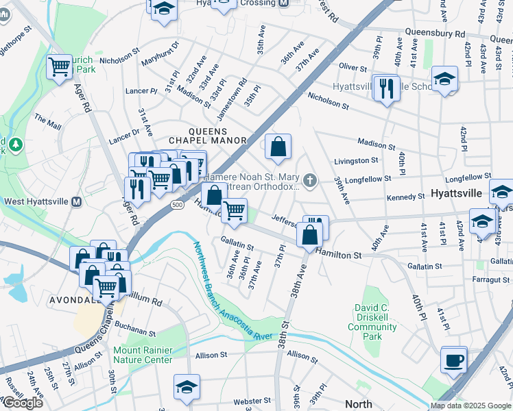 map of restaurants, bars, coffee shops, grocery stores, and more near 101 Independence Avenue Southeast in Washington