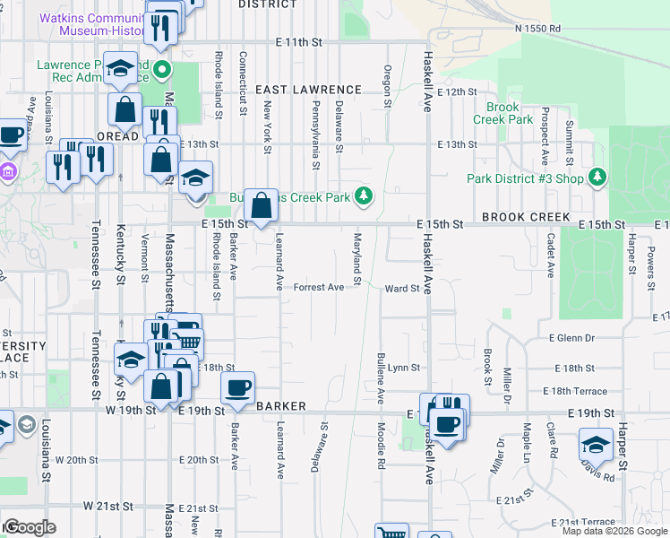 map of restaurants, bars, coffee shops, grocery stores, and more near 710 Forrest Avenue in Lawrence