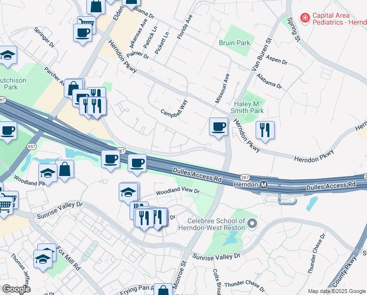 map of restaurants, bars, coffee shops, grocery stores, and more near 2105 Highcourt Lane in Herndon