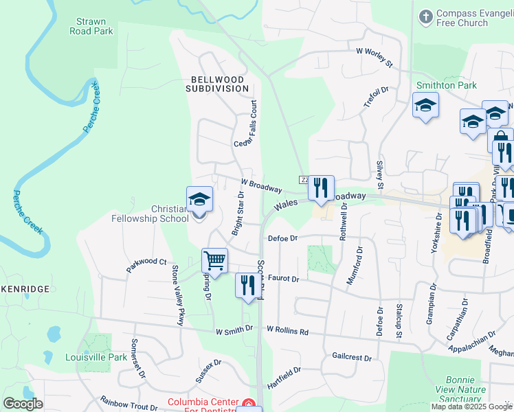 map of restaurants, bars, coffee shops, grocery stores, and more near 11 Scott Boulevard in Columbia