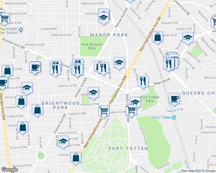 map of restaurants, bars, coffee shops, grocery stores, and more near 5322 1st Street Northwest in Washington