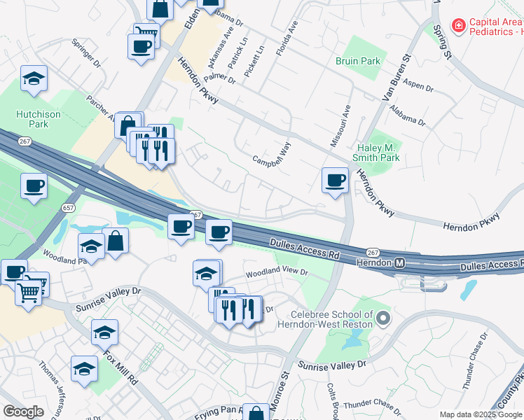 map of restaurants, bars, coffee shops, grocery stores, and more near 2204 Westcourt Lane in Herndon