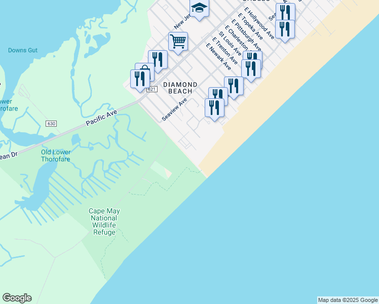 map of restaurants, bars, coffee shops, grocery stores, and more near 500 East Raleigh Avenue in Wildwood Crest