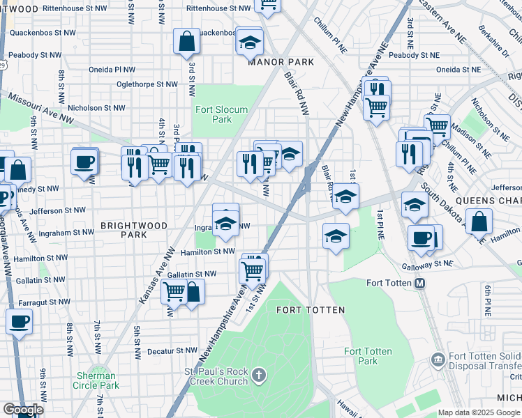 map of restaurants, bars, coffee shops, grocery stores, and more near 5322 1st Street Northwest in Washington