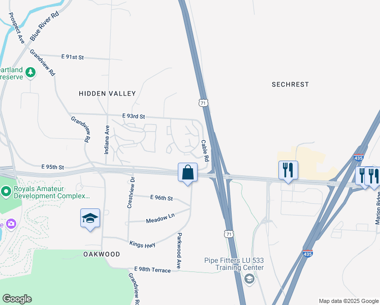 map of restaurants, bars, coffee shops, grocery stores, and more near 9498 Cleveland Avenue in Kansas City