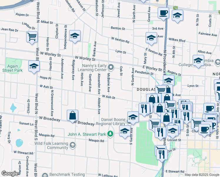 map of restaurants, bars, coffee shops, grocery stores, and more near 214 McBaine Avenue in Columbia