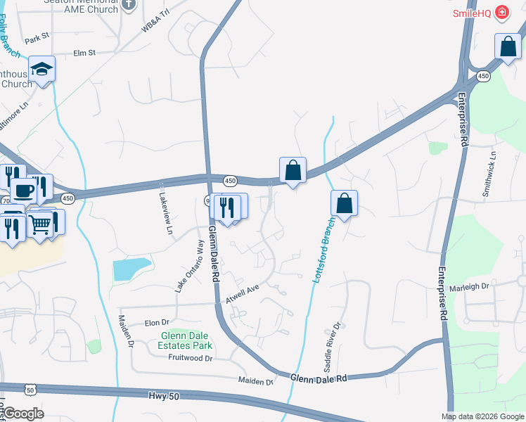 map of restaurants, bars, coffee shops, grocery stores, and more near 4824 Brookstone Terrace in Bowie