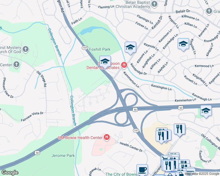 map of restaurants, bars, coffee shops, grocery stores, and more near 14947 London Lane in Bowie