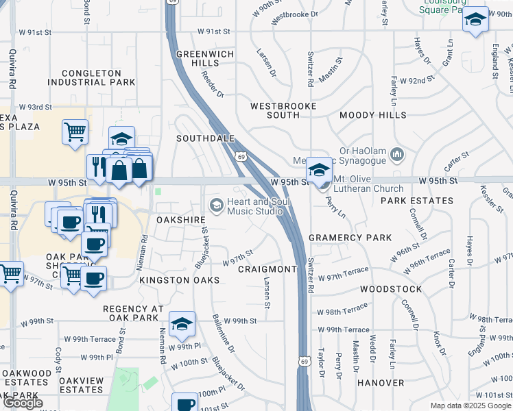 map of restaurants, bars, coffee shops, grocery stores, and more near 9535 West 96th Street in Overland Park