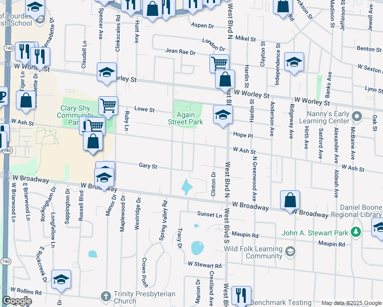 map of restaurants, bars, coffee shops, grocery stores, and more near 117 Redwood Road in Columbia