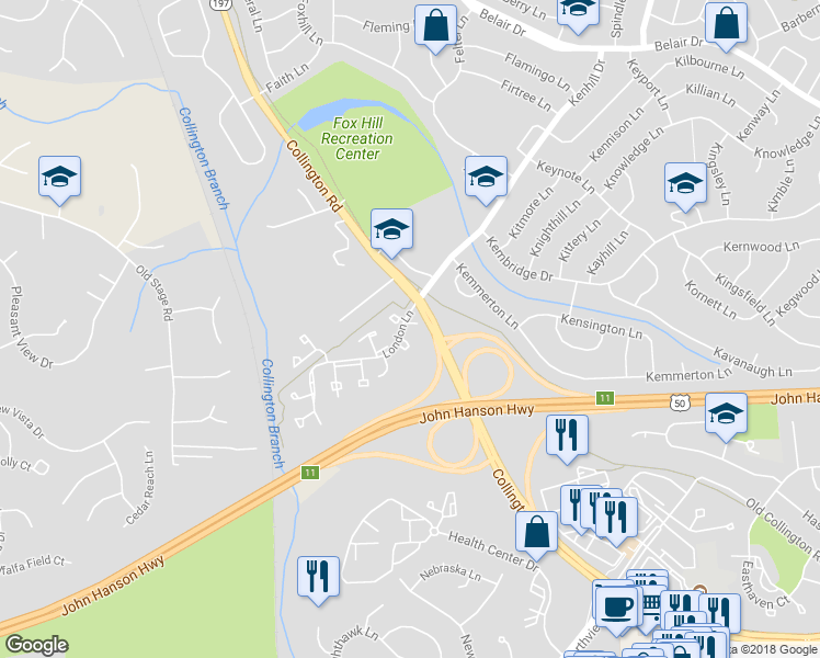 map of restaurants, bars, coffee shops, grocery stores, and more near 14947 London Lane in Bowie
