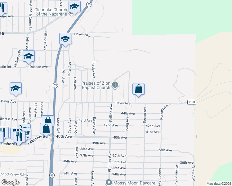 map of restaurants, bars, coffee shops, grocery stores, and more near 3950 Emile Avenue in Clearlake