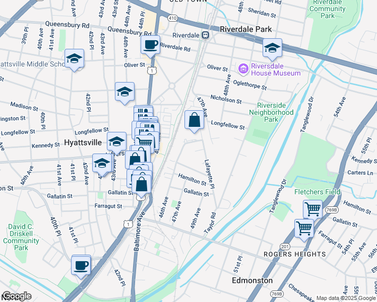 map of restaurants, bars, coffee shops, grocery stores, and more near 5311 46th Avenue in Hyattsville