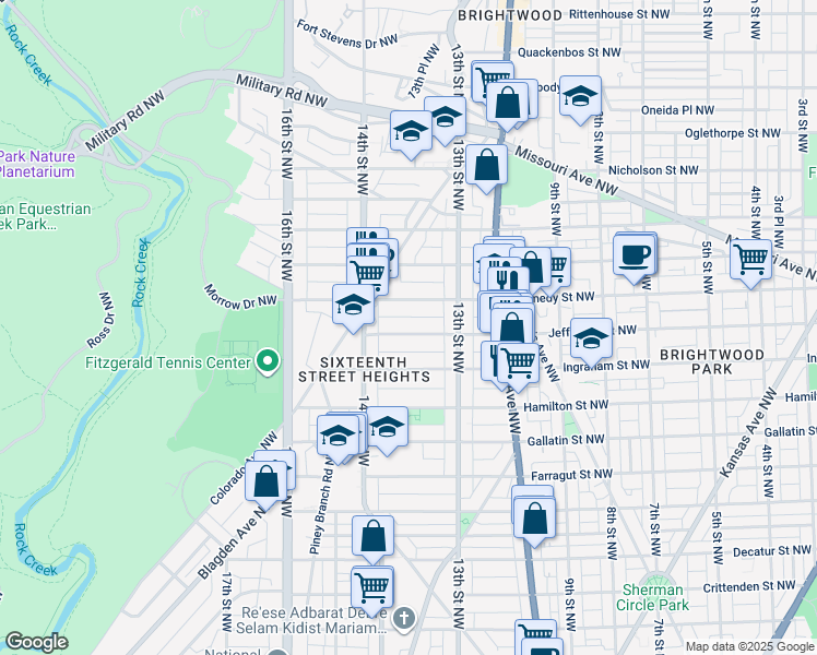 map of restaurants, bars, coffee shops, grocery stores, and more near 1343 Jefferson Street Northwest in Washington