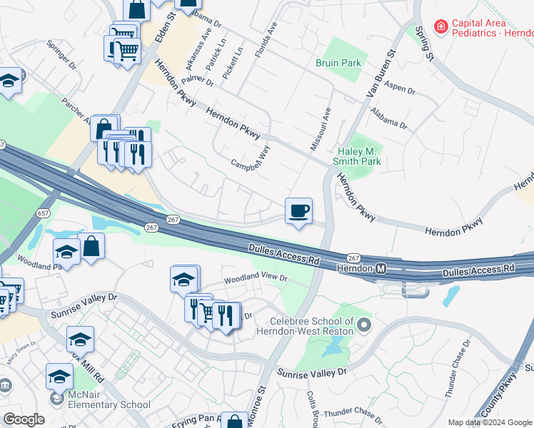 map of restaurants, bars, coffee shops, grocery stores, and more near 2103 Highcourt Lane in Herndon