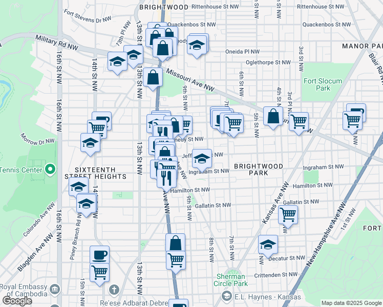 map of restaurants, bars, coffee shops, grocery stores, and more near 5405 9th Street Northwest in Washington
